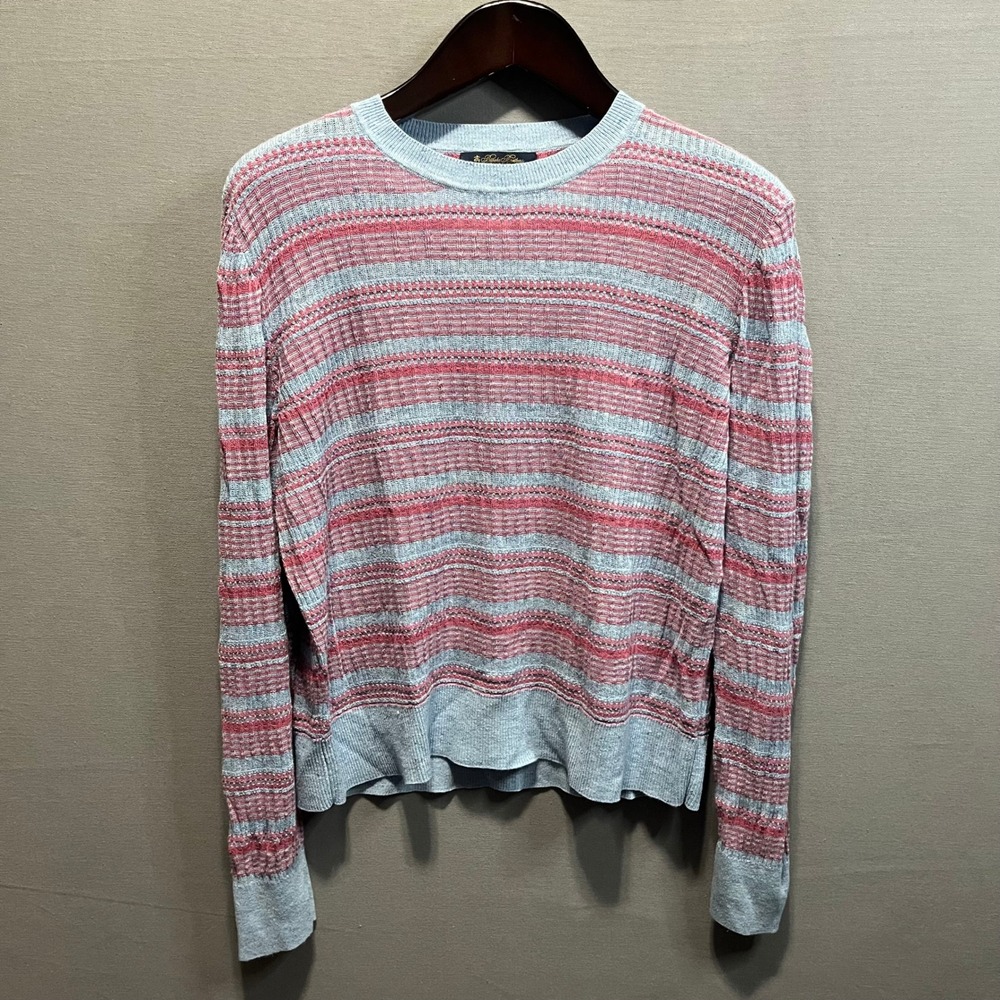Brooks Brothers Italian Yarn Striped Crewneck Sweater XL Blue Pink Long Sleeve